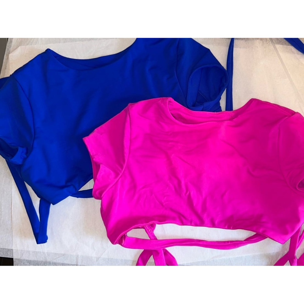 Unbranded Bikini Top Short Sleeve Tie Back Blue Pink XS Y2K Retro Sporty Rave